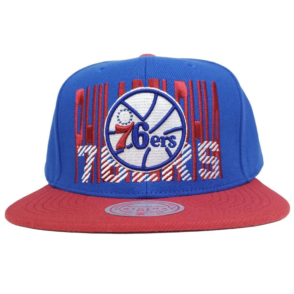 Philadelphia 76ers Mitchell & Ness NBA Snapback Hat Cap Word Logo Blue Red NWT